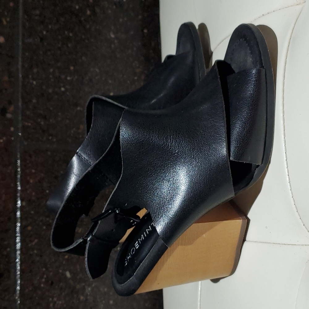 SHOEMINT BLACK LEATHER INGLESIDE CHUNKY HEEL SHOES SIZE 7.5